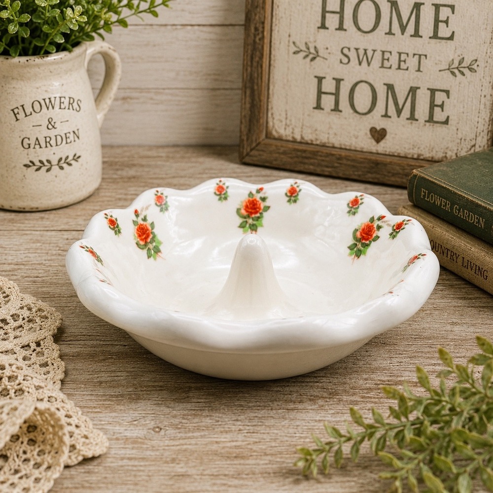 Vintage Lois Ceramic Floral Ring Holder Dish Scalloped Rose‎ Jewelry Tray 5.5"